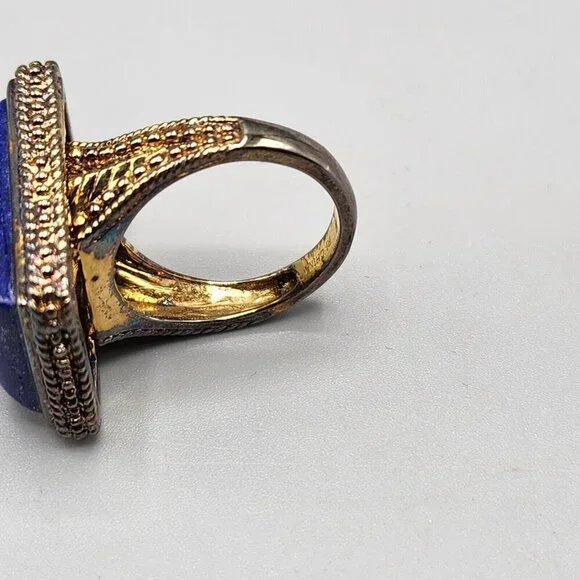 Lapiz Lazuli Rectangle Cocktail Ring RI China 925 Size 8 Sterling Silver - Picture 7 of 12